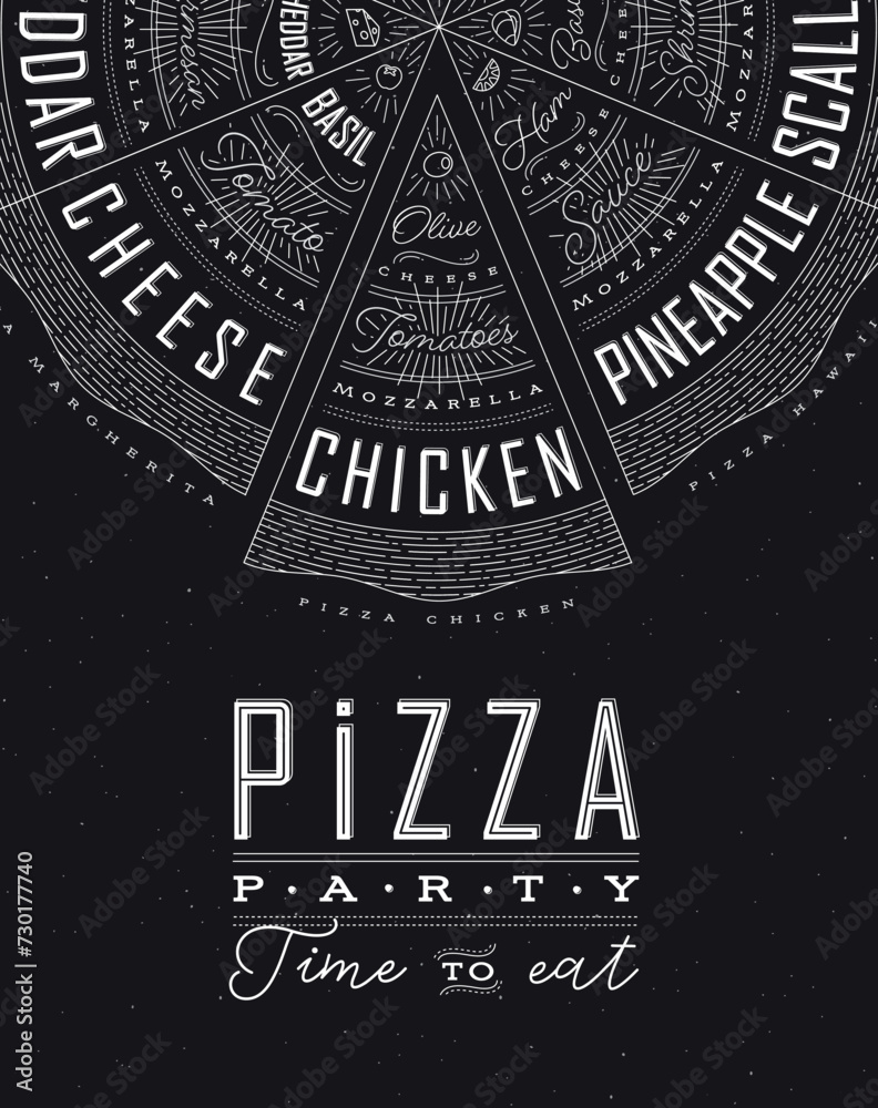 Poster featuring slices of various pizzas, chicken, seafood, pepperoni, cheese, margherita with recipes and names showcased in pizza party time to eat lettering, drawn on a black background.