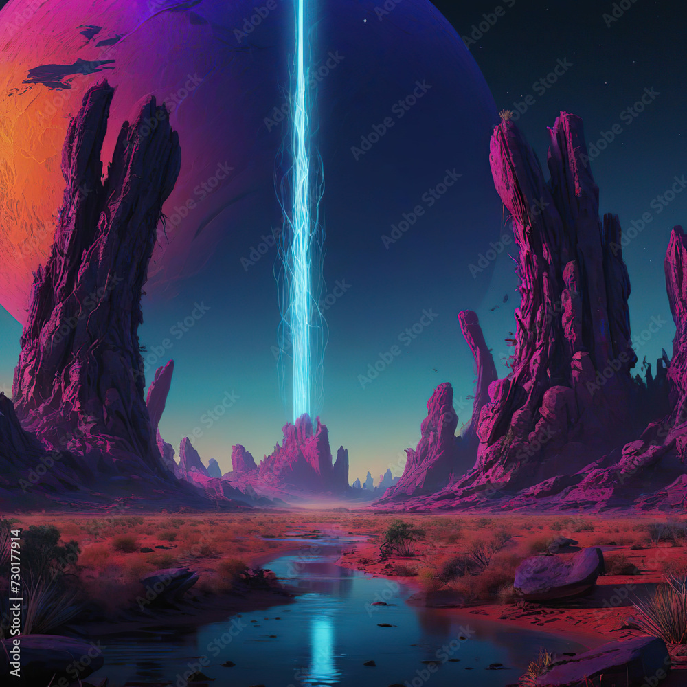 A futuristic landscape with a stream and a giant planet