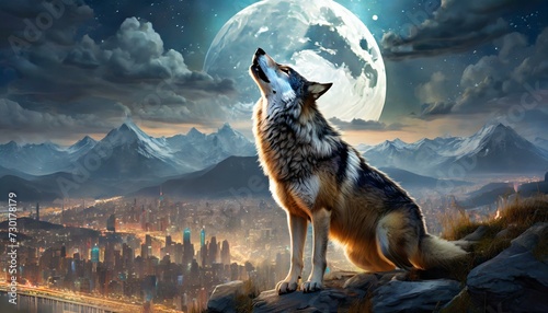 Urban Lament: Realistic Wolf Howling at the Moon Amidst Cityscape Backdrop"