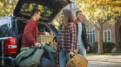 College friends loading up the car with luggage and a picnic basket, ready for a road trip on a sunny autumn day.