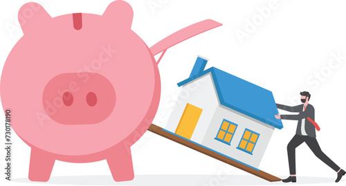 Saving for house, mortgage or housing loan, collect money for down payment concept, human man buy house pink piggy bank.

