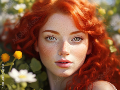 Obraz na płótnie portrait of a redhead beautiful young woman with freckles and long wavy hair in spring flowers w salonie