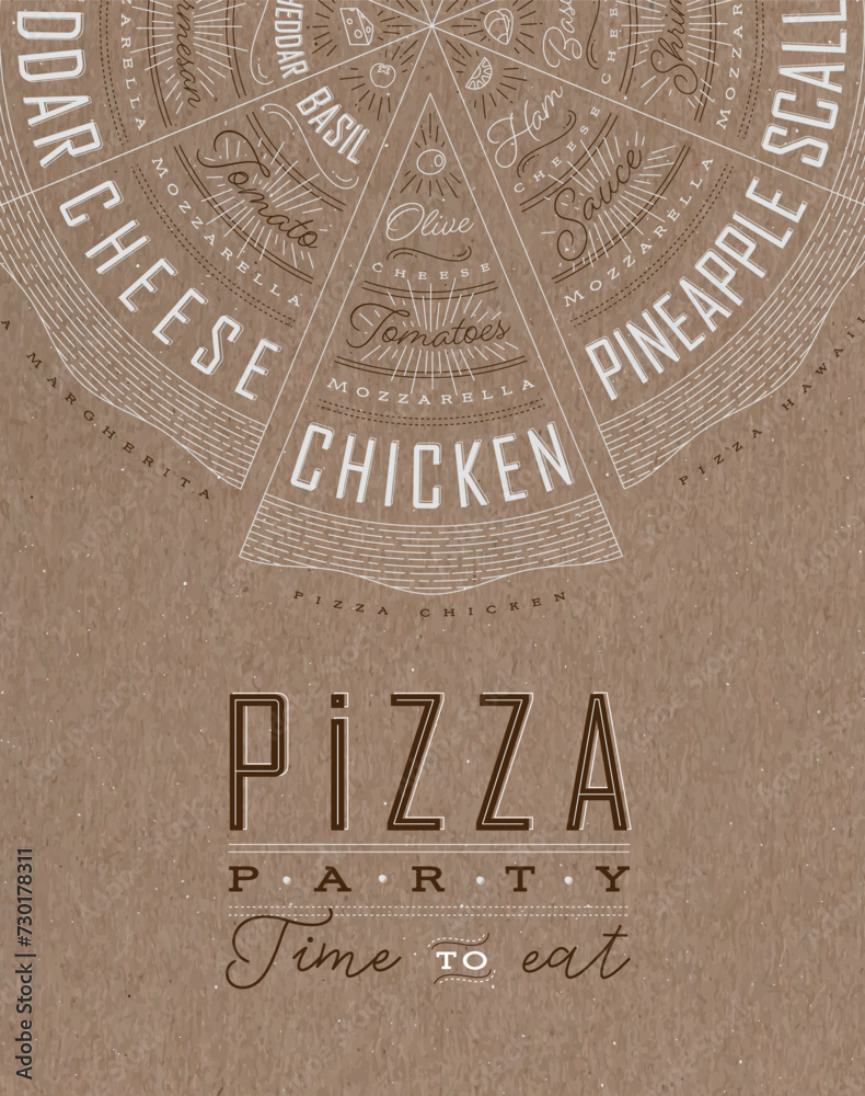 Poster featuring slices of various pizzas, chicken, seafood, pepperoni, cheese, margherita with recipes and names showcased in pizza party time to eat lettering, drawn on a brown background.