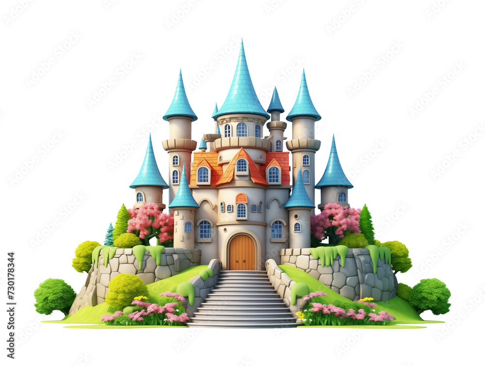Fairy Tale Castle 3D Cartoon Style Isolated on Transparent Background
