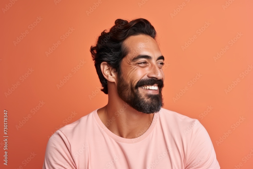 Portrait of a handsome young man with beard and mustache on orange background