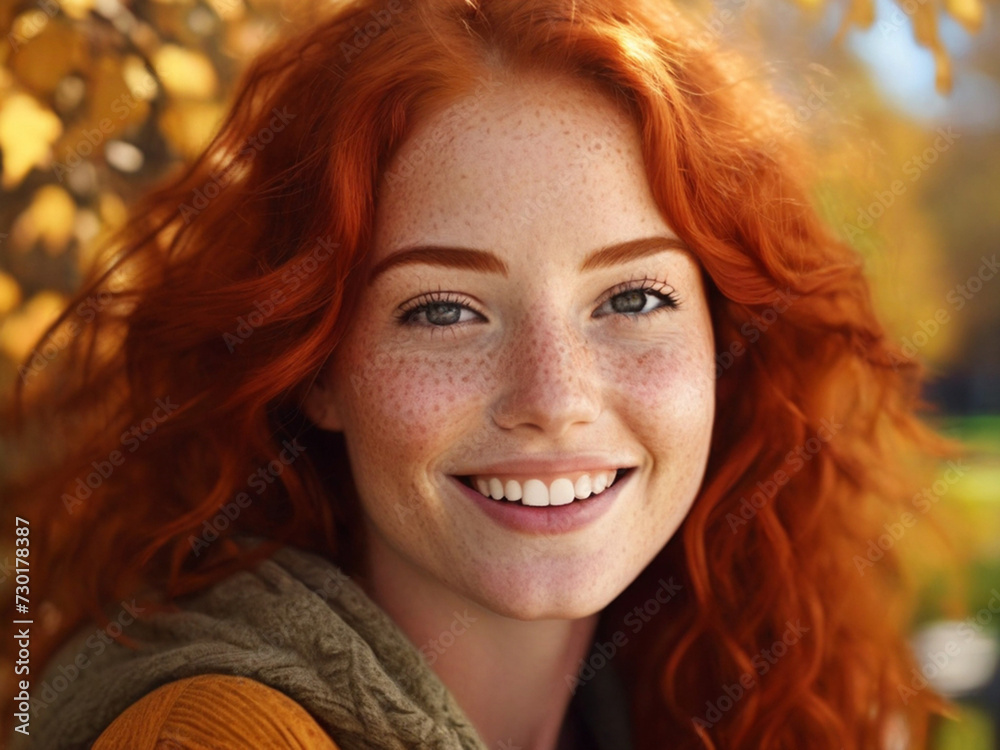 Portrait of a young happy redhead woman with freckles and long wavy hair in an autumn park with yellow foliage.