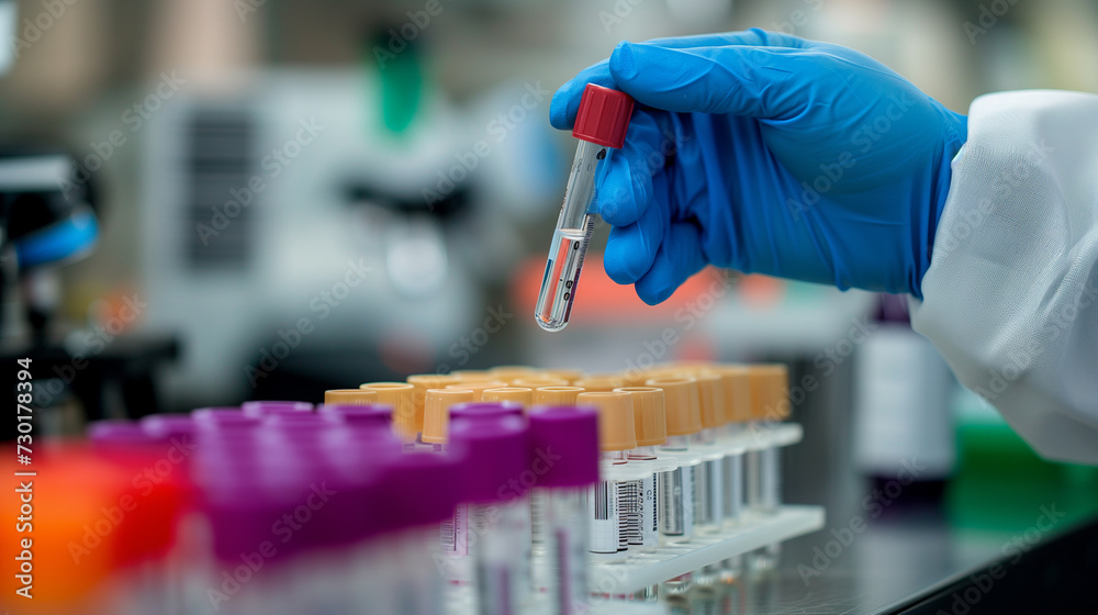 Close-up of a gloved hand holding a tube in a laboratory for testing  , Generative AI