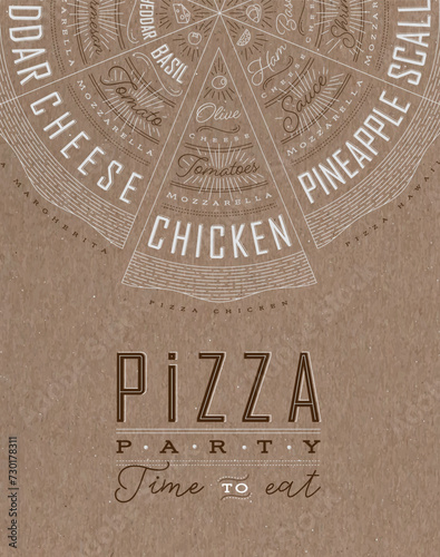 Poster featuring slices of various pizzas, chicken, seafood, pepperoni, cheese, margherita with recipes and names showcased in pizza party time to eat lettering, drawn on a brown background.
