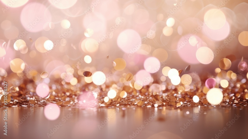 Abstract festive background of pink and gold confetti with a blurred bokeh effect, symbolizing celebration and joy.