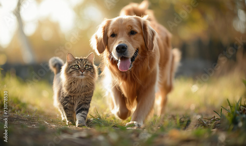 Happy golden retriever dog walking with a cute cat on a green large size field with natural sunlight .