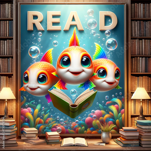 READ poster with smiling fish reading books - School of Fish