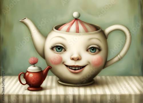 Illustration of a teapot with a smiling face in the style of children's book illustration photo