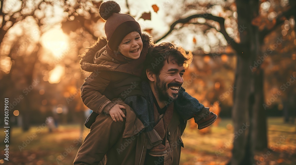 Perched on his father's shoulders, the son giggles with delight, cherishing the special bond between them. Perched on his father's shoulders, the son giggles with delight, cherishing the special bond between them.