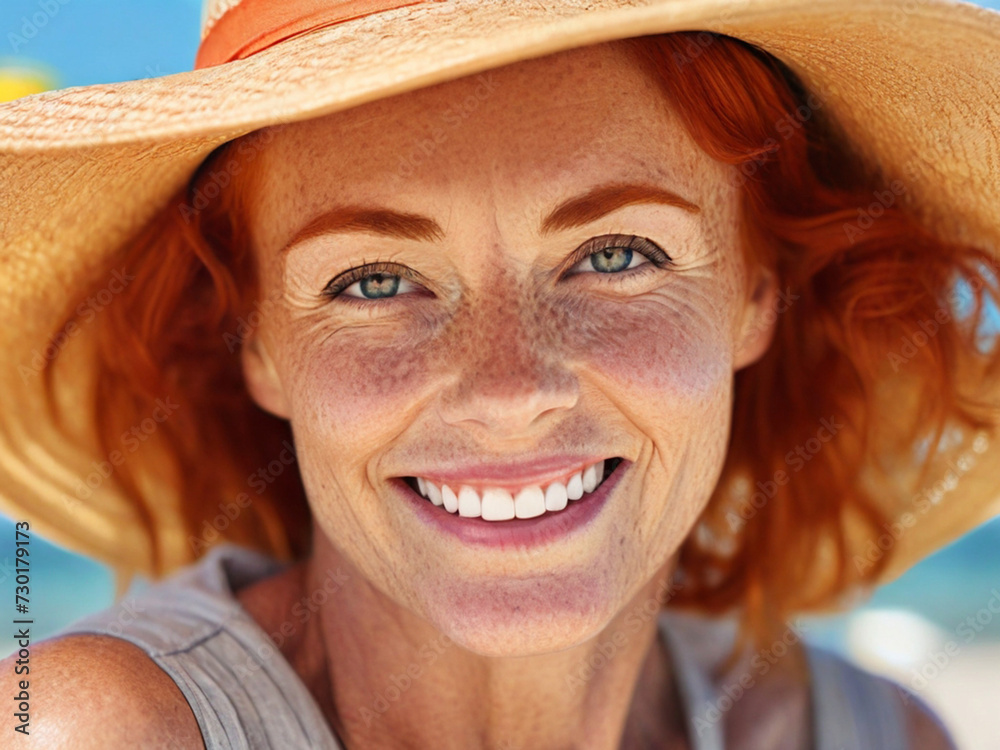 Portrait of a beautiful mature 45 year old redhead woman wearing a straw hat on the beach and looking at the camera. Close-up of the face of an attractive pensive