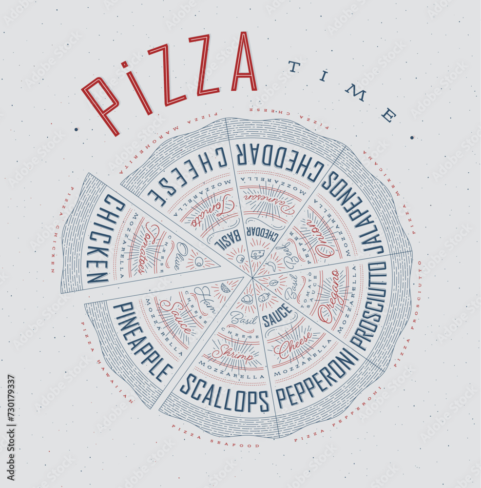 Poster featuring slices of various pizzas, chicken, seafood, pepperoni, cheese, margherita with recipes and names showcased in pizza time lettering, drawn with blue and red on a grey background.
