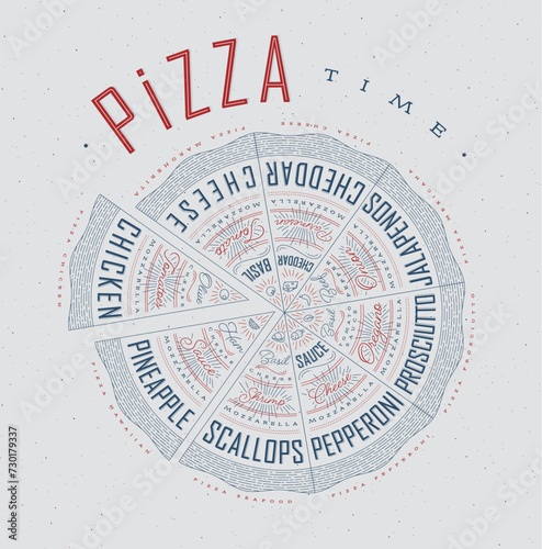 Poster featuring slices of various pizzas, chicken, seafood, pepperoni, cheese, margherita with recipes and names showcased in pizza time lettering, drawn with blue and red on a grey background.
