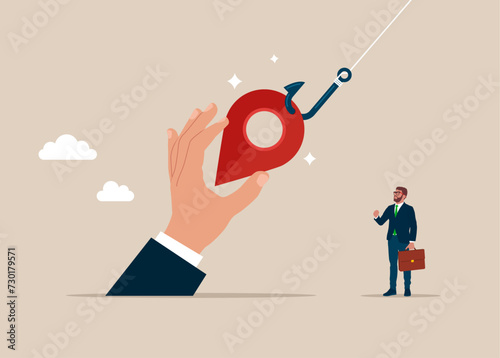 Location pin on fishing hook. Business failure. Change place of Business location. Modern vector illustration in flat style