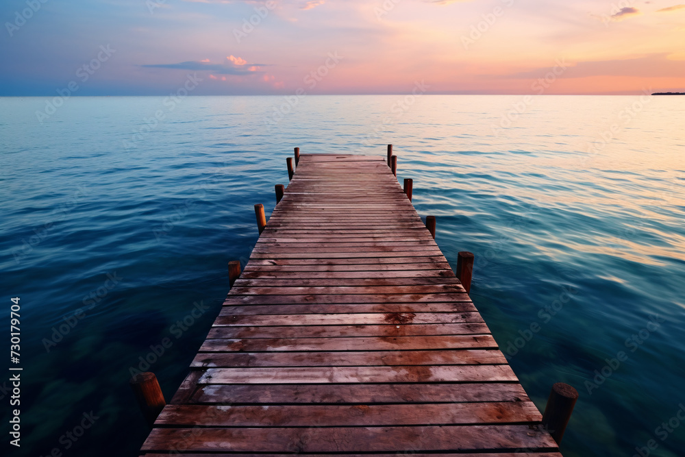 Fototapeta premium Wooden pier in the water, glowing seascape style, richly colored sky, light blue and bronze