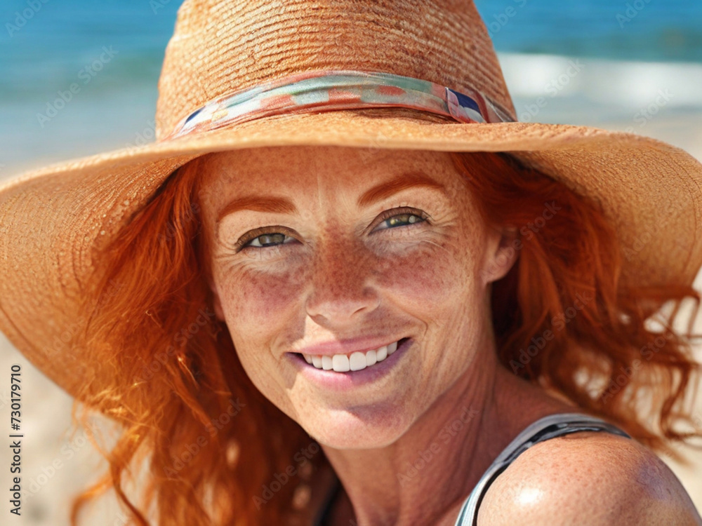 Portrait of a beautiful mature 45 year old redhead woman wearing a straw hat on the beach and looking at the camera. Close-up of the face of an attractive pensive