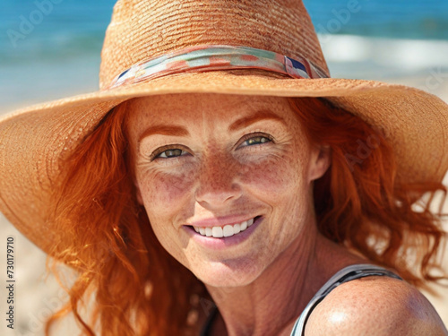 Obraz na płótnie Portrait of a beautiful mature 45 year old redhead woman wearing a straw hat on the beach and looking at the camera. Close-up of the face of an attractive pensive w salonie