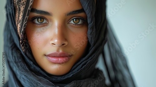 Close-up portrait of a young beautiful Muslim woman with black headscarf Looking at the camera on white background