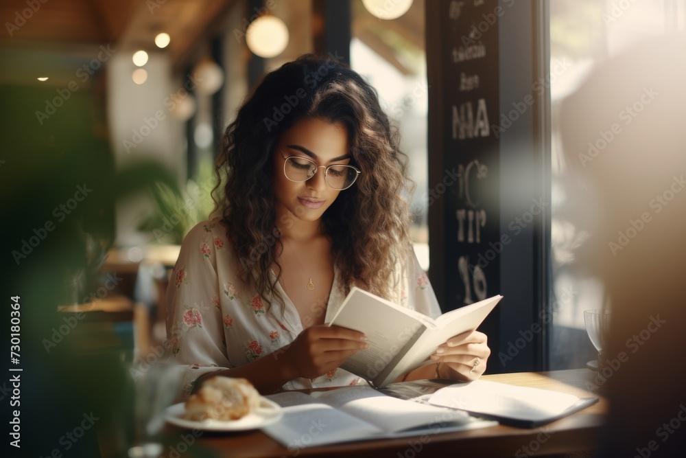Woman in glasses reading in café with sunlight