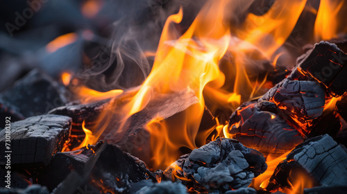 Burning firewood and coals of a fire close up. Background for grilled food with fire.