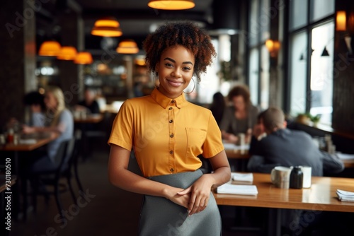 happy african american woman waiter in restaurant, cafe or bar