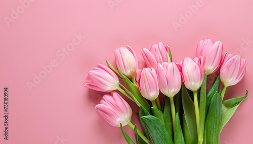 tulips bouquet on pink background with copyspace © netsay