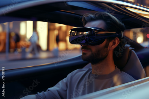 Man in Autonomous Car with VR Headset. 