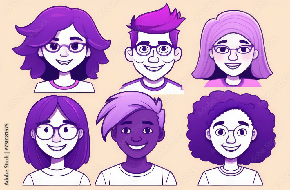 illustration of a group of smiling people with purple hair illustration of a group of smiling people with purple hair