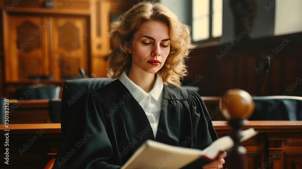 Court of Law Trial in Session: Portrait of Honorable Female Judge Reading Decision. Presiding Justice Pronouncing Sentence. Guilty, Not Guilty Verdict Judgment. Medium Portrait Shot.