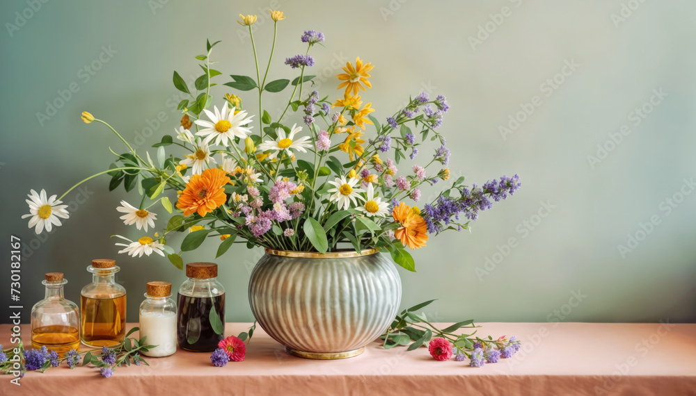 still life with medicinal herbs and flowers