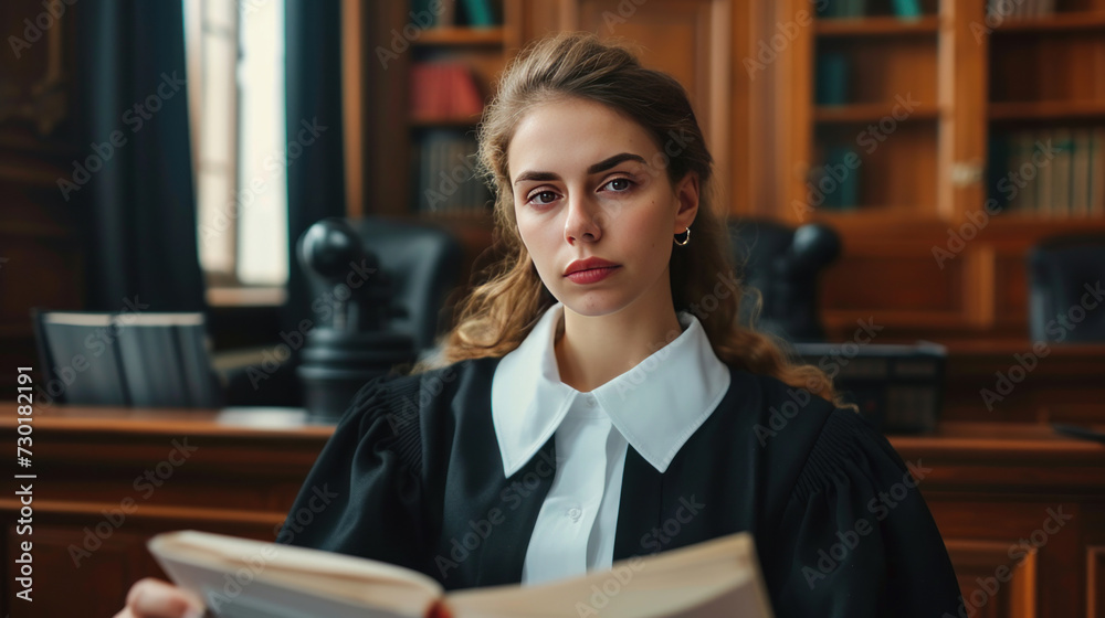 Court of Law Trial in Session: Portrait of Honorable Female Judge Reading Decision. Presiding Justice Pronouncing Sentence. Guilty, Not Guilty Verdict Judgment. Medium Portrait Shot. Court of Law Trial in Session: Portrait of Honorable Female Judge Reading Decision. Presiding Justice Pronouncing Sentence. Guilty, Not Guilty Verdict Judgment. Medium Portrait Shot.