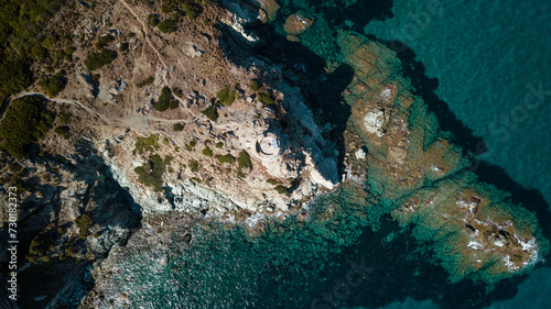 Drone photography genoise tower  cala and barcaggio beach with turquoise waters in Cap Corse 
