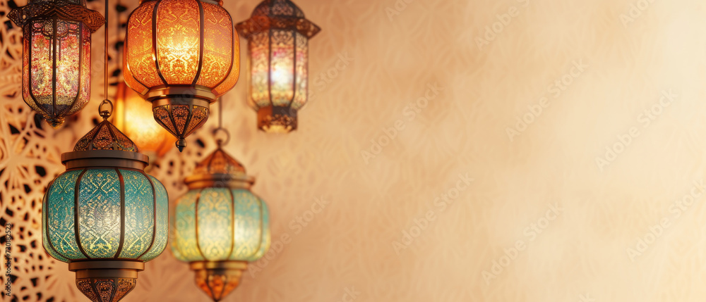Garland with lanterns and moon adorn a festive Islamic backdrop Moroccan lanterns at night. Glittering party garlands. Ramadan kareem, Eid Mubarak. Eastern holiday design on beige background. Garland with lanterns and moon adorn a festive Islamic backdrop Moroccan lanterns at night. Glittering party garlands. Ramadan kareem, Eid Mubarak. Eastern holiday design on beige background.