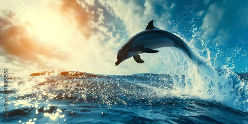 Obraz dolphin jumping out of water in the open sea at sunset