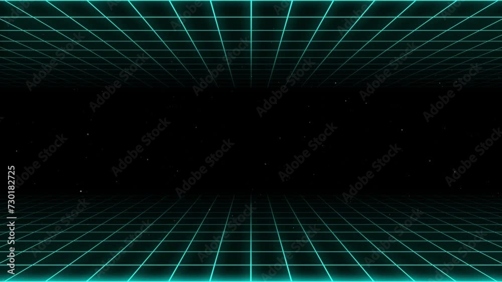 A nostalgic retro synthwave looping cyan grid motion graphic animation with black star sky background in 4k UHD 30p