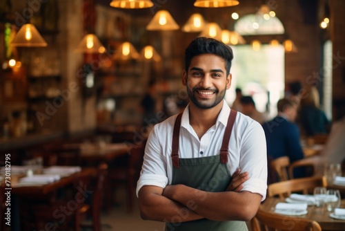 happy indian man waiter in restaurant, cafe or bar