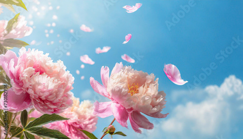 Fototapeta Naklejka Na Ścianę i Meble -  Floral banner with pink peonies and petals flying on blue sky background, copy space