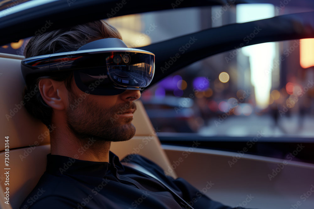 Man in Autonomous Car with VR Headset. Man in Autonomous Car with VR Headset.