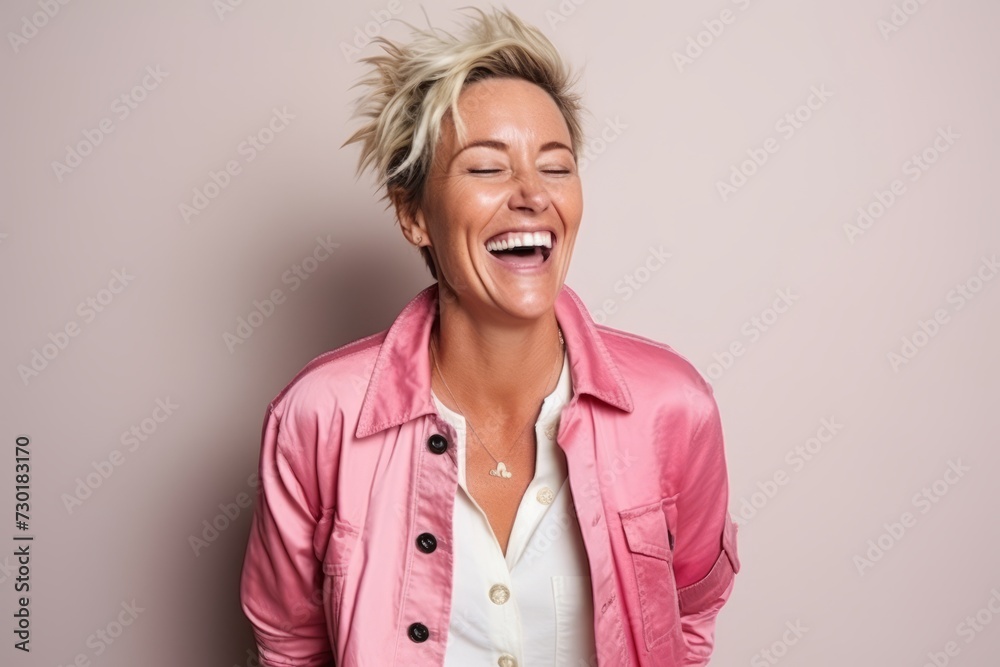 Portrait of a beautiful young woman laughing against a pink background. Portrait of a beautiful young woman laughing against a pink background.