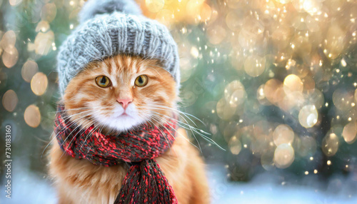Funny ginger cat in in a warm knitted hat and scarf on a winter day