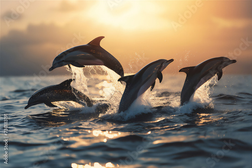 dolphin jumping out of water in the open sea at sunset