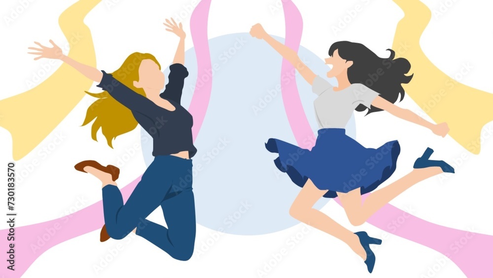 ジャンプして喜ぶ女性2人のイラスト