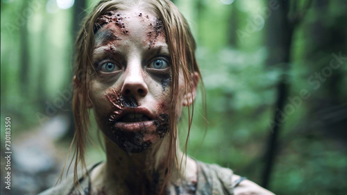 Zombie Woman in Horror Forest Scenario