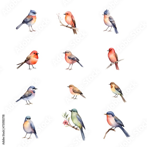 Watercolour birds isolated set, colourful nature clipart © KatBaid