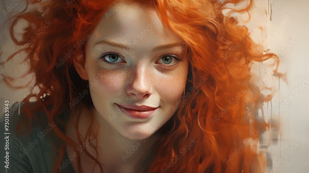 A striking portrait of a red-haired woman with a playful gaze, her hair a cascade of fiery curls, and a sprinkling of freckles across her cheeks