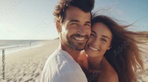 A radiant couple, with bright smiles and sun-kissed skin, enjoys a carefree walk along the sandy shores, their happiness as clear as the sunny beach day