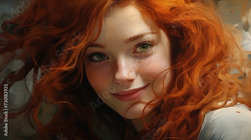 A captivating portrait of a young woman with vibrant red curls and a mesmerizing smile, her green eyes sparkling with joy
